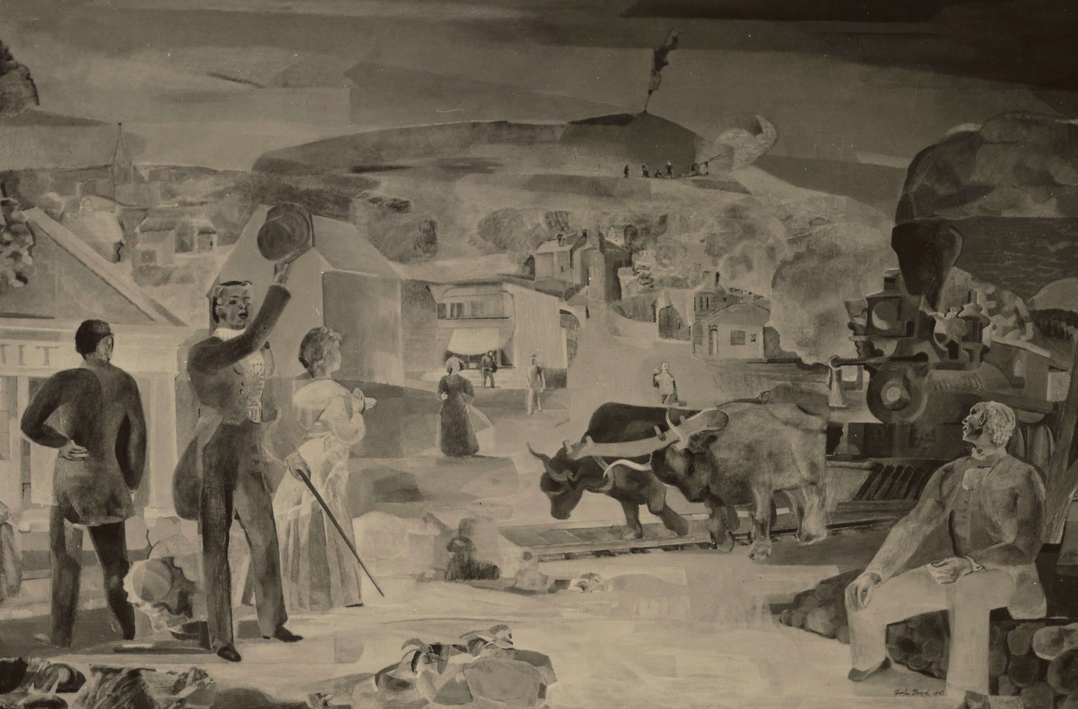 "Arrival of the First Train" and "Stage Coach Attack," Summit, NJ Post Office Mural by Fiske Boyd