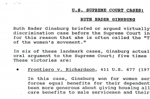 List of Supreme Court Cases Briefed or Argued by Ruth Bader Ginsburg and Fact Sheet about Her