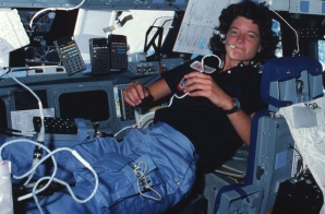 Mission Specialist Sally Ride at Forward Flight Deck Pilots Stations Controls
