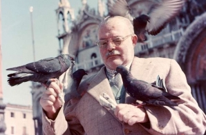 Ernest Hemingway with pigeons, Venice, Italy