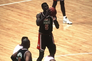 Lt. David Robinson, US Navy Reserves, takes a free throw during game between "Dream Team" and Puerto Rico