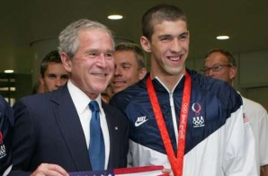 President George W. Bush Poses with U.S. Olympic Medalist Michael Phelps