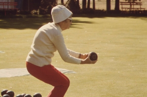Member of the Bowling Green Bowling Club Poised for a Bowl on the Club Turf at Central Park
