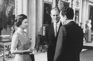 President Richard Nixon, Queen Elizabeth II, and Prince Phillip in the Marble Hall at Buckingham Palace