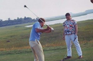 President Kennedy, Press Secretary Pierre Salinger, K. Lemoyne Billings. Hyannisport, MA, Hyannisport Golf Club.