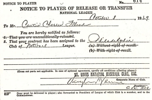 Notice to Player of Release or Transfer for Curt Flood