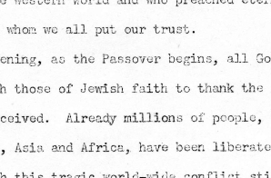 Press Release of Radio Speech of Vice President Harry S. Truman, Annual Passover Service