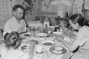 Davis family eating dinner in kitchen