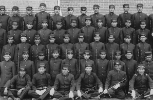 Early class of young men in uniform at the Albuquerque Indian School