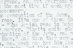 Translation of a Speech Exerpt in which Himmler Defines "Evacuation" of the Jews as "Extermination," Official Translation from the War Crime Trials of Nazi Leaders Held at Nuernburg
