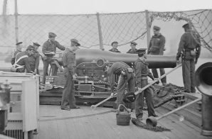 On deck of Gunboat. Bringing Parrott gun into position on board the "Mendota"
