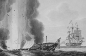 The Java in a Sinking state, set fire to, & Blowing up. The Constitution at a distance... repairing her Rigging &c. in the Evening of 29th December, 1812. Copy of aquatint by N. Pocock, engraved by R.