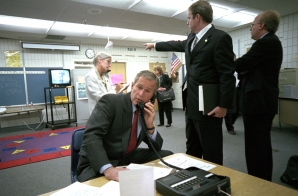President George W. Bush and White House Staff Watch News Coverage of Flight 175 Striking the South Tower of the World Trade Center at Emma E. Booker Elementary School in Sarasota, Florida