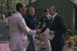 Anwar Sadat and Menachem Begin Shaking Hands at the Camp David Summit