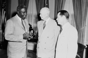 Jackie Robinson, President Dwight D. Eisenhower, and Comedian Joe E. Brown at the White House,