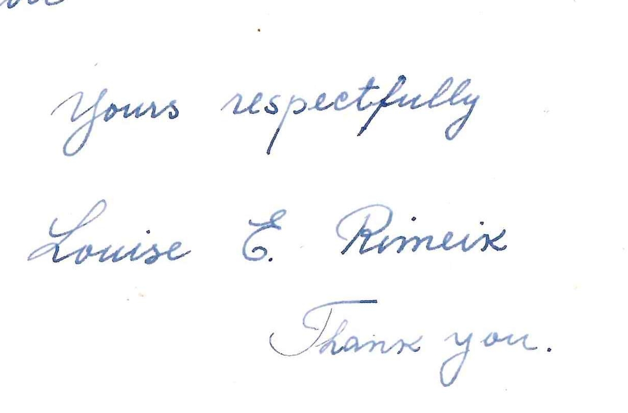 Letter about Louise Rimeik