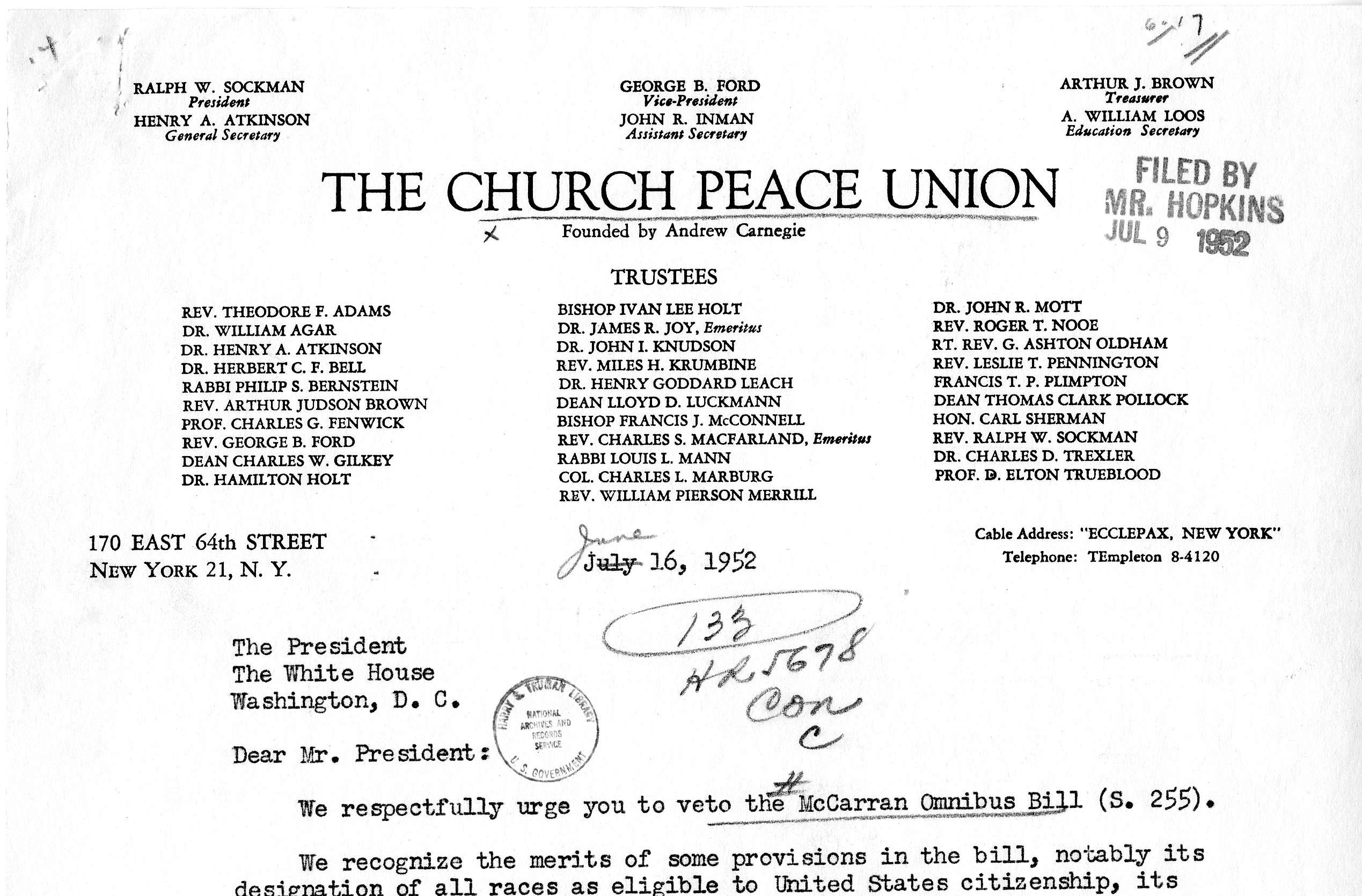 Letter from Ralph W. Sockman and Henry A. Atkinson to President Truman