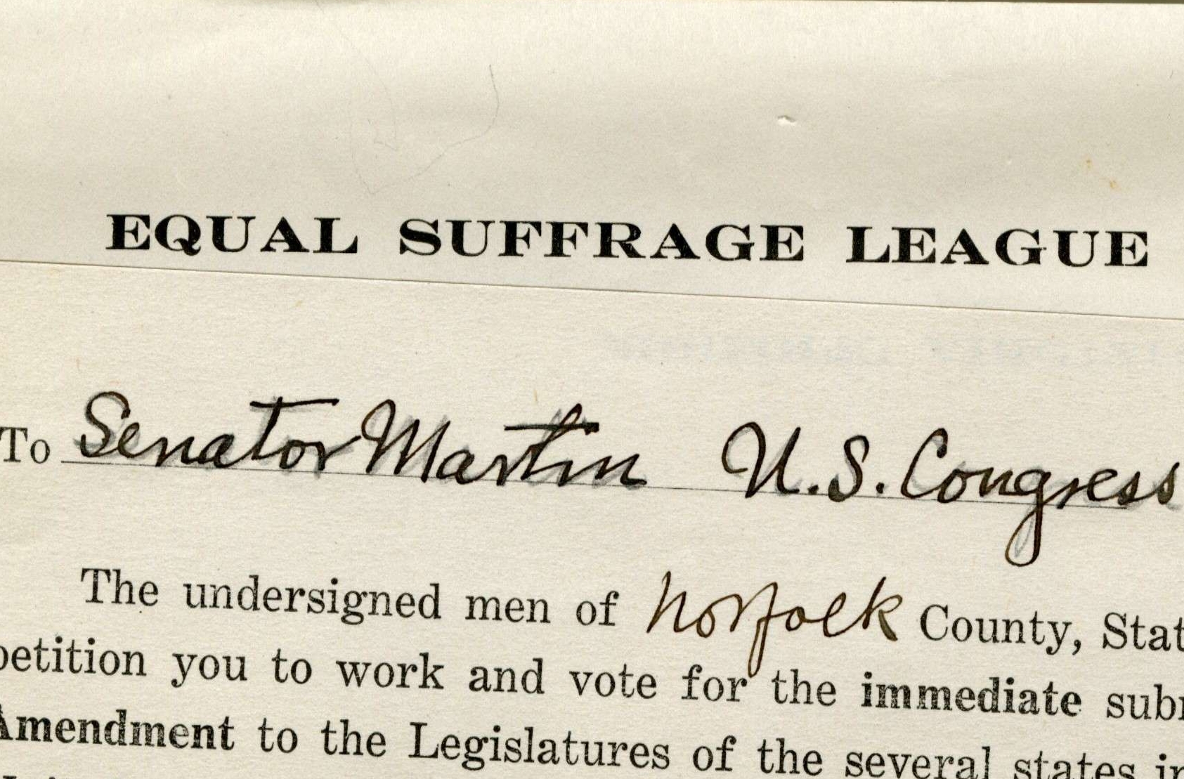 Petition from the Men of the Equal Suffrage League of Norfolk