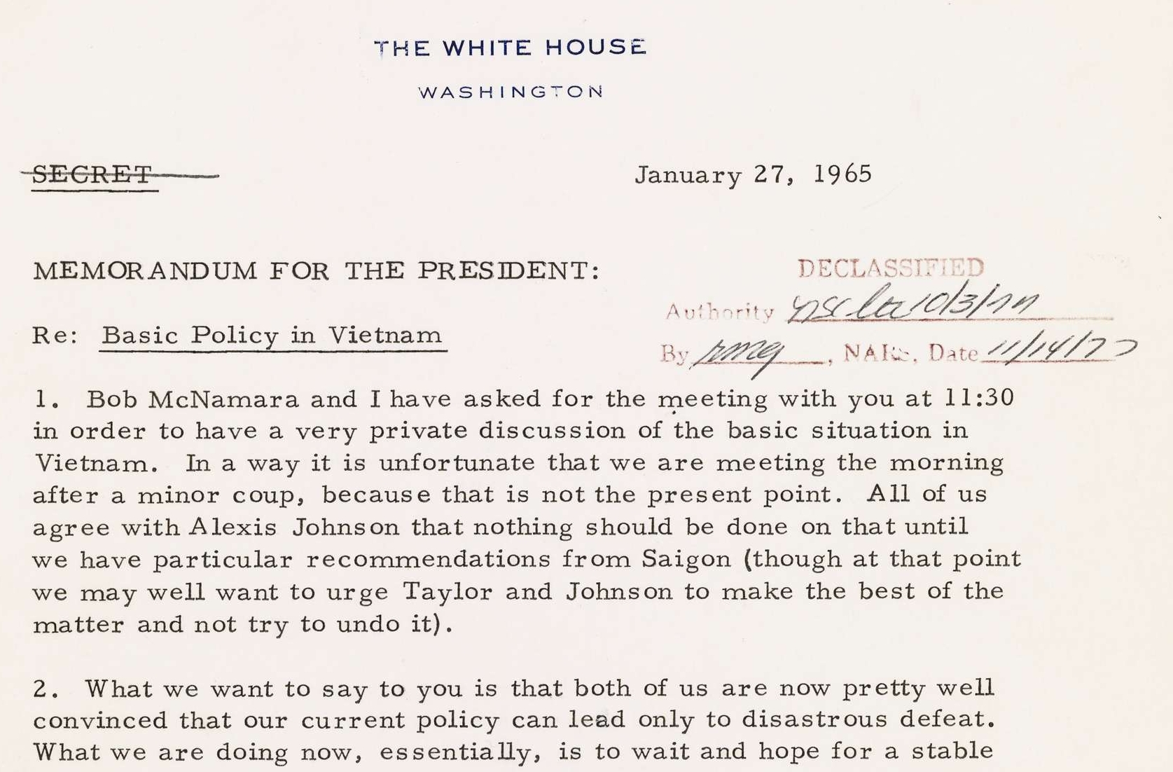 “Fork in the Road” Memo from McGeorge Bundy to President Johnson