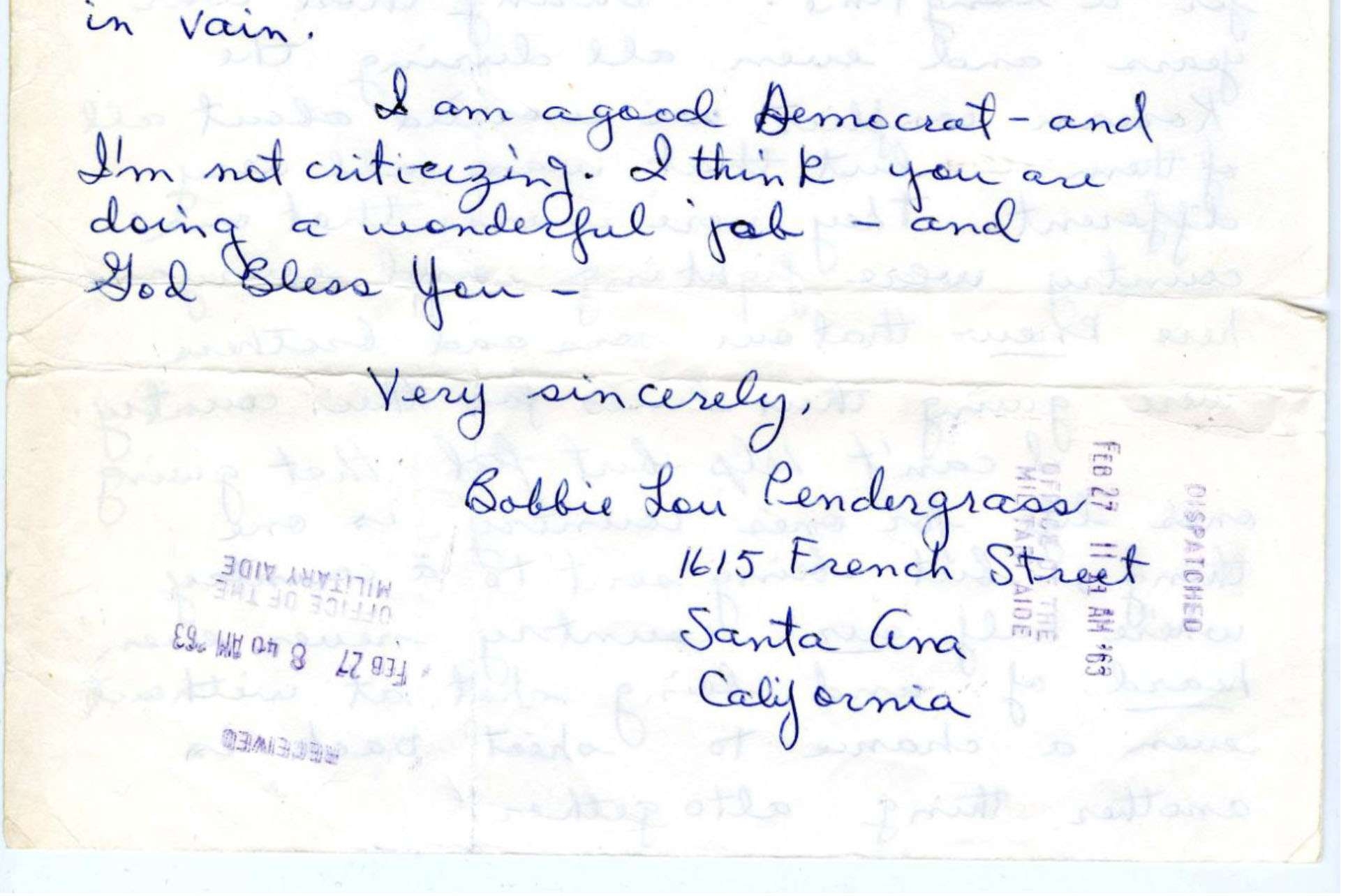 Letter from Bobbie Lou Pendergrass to President Kennedy
