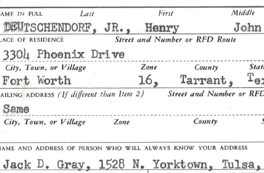 Selective Service Card for Henry John Deutschendorf
