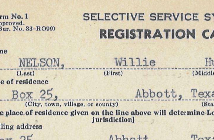 Selective Service Card for Willie Hugh Nelson